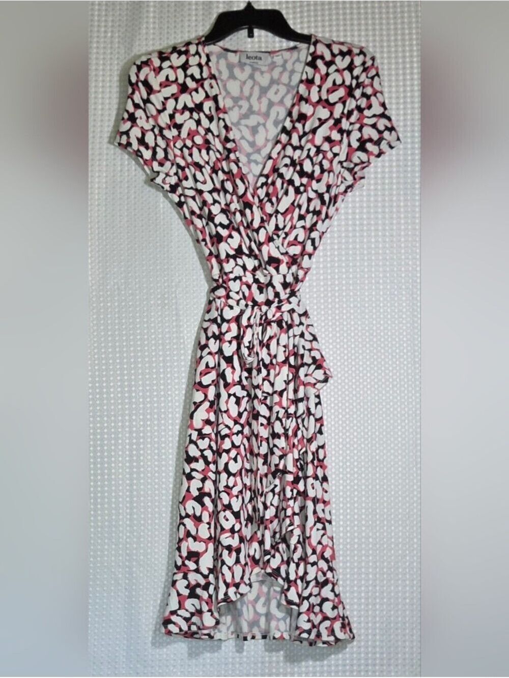 Leota Wrap Dress Pink Black White Abstract Print Hi Low Midi Dress XS - Picture 10 of 10